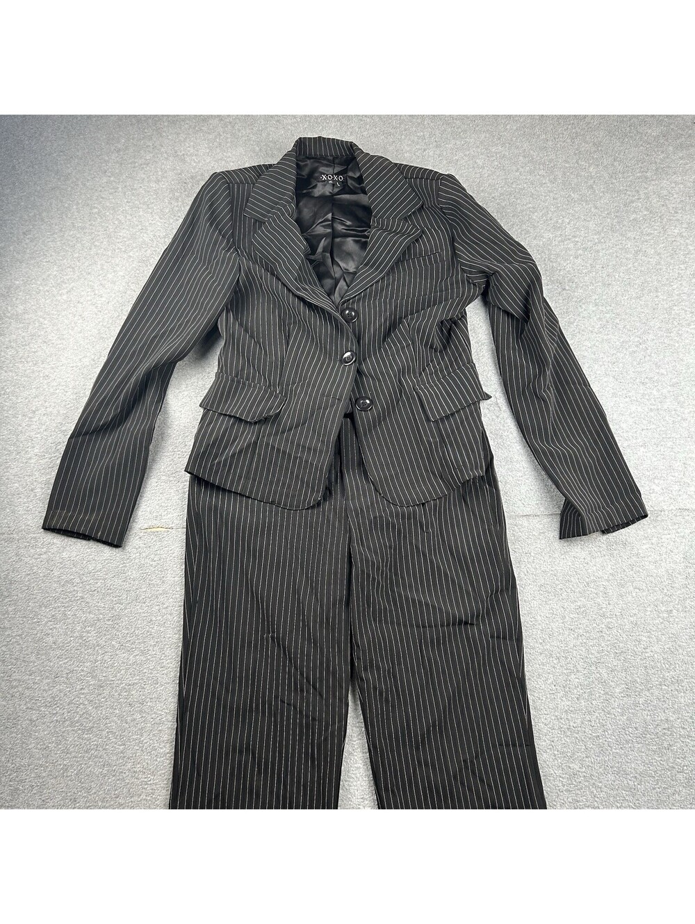 * XOXO Black Pinstripe Suit Large Lined Long Sleeve Woman Three Button Jacket